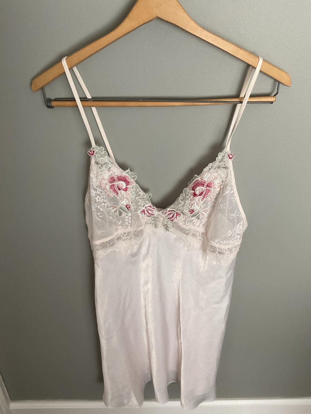 Satin Lace Chemise with Pink Floral Embroidery